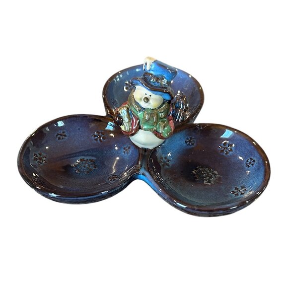 Rustic Blue Brown Ceramic Snowman Candy or Nut Holiday Dish - Picture 6 of 7